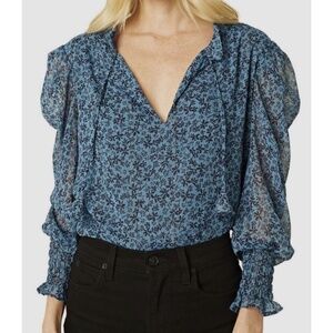 MISA MSRP $270 Blue Floral Chiffon Print Semi-Sheer Siena Blouse Medium
